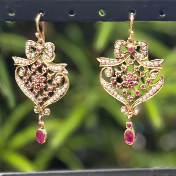 Victorian 14k Gold Ruby & Seed Pearl Dangle Earrings – Antique Shield/Bow Design - Picture 1 of 3